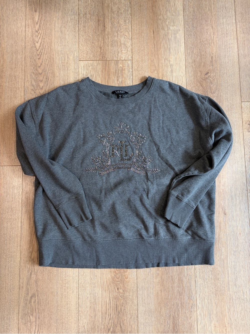Lauren Ralph Lauren Gray Beaded Crest Sweatshirt XL Preppy Luxe Pullover